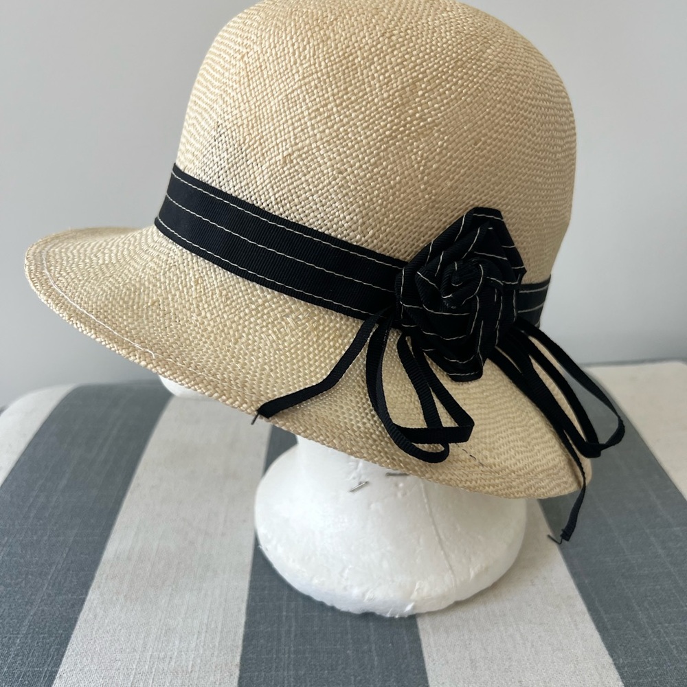 Cream Straw Cloche Hat with Black Band and Rosette